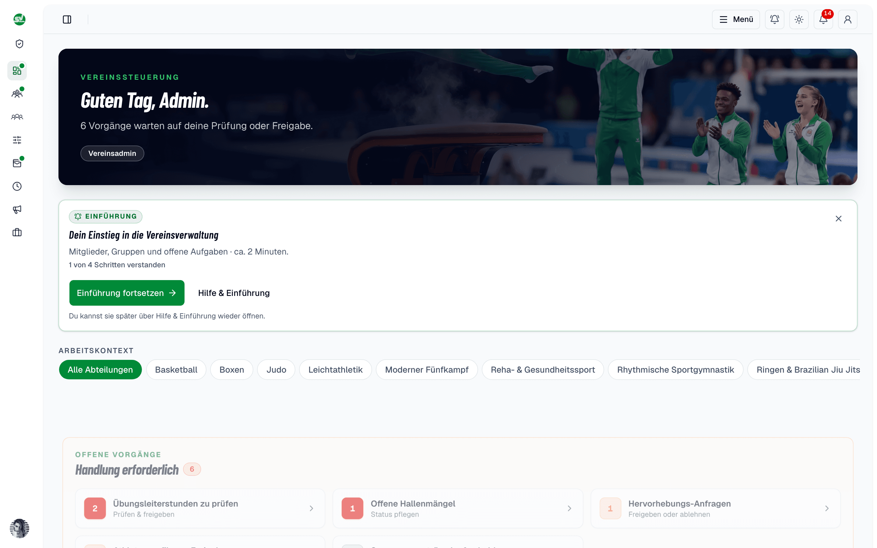 Echte Produktansicht: Vereinsadmin-Dashboard mit Vereinskennzahlen und offenen Aufgaben