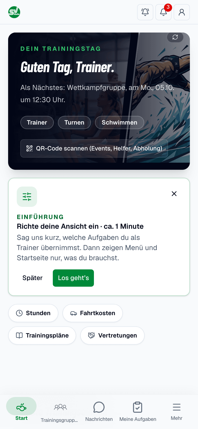 Traineransicht: Einstieg und Trainingsorganisation